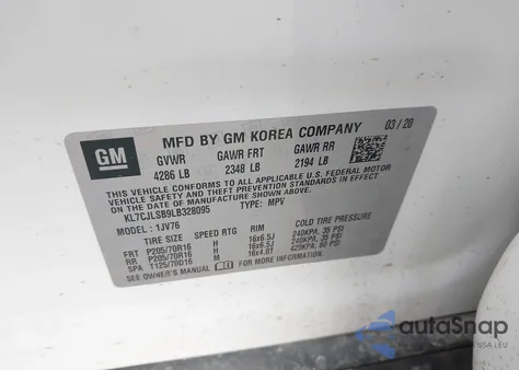 2020 Chevrolet Trax Fwd Lt from USA, damaged, VIN KL7CJLSB9LB328095